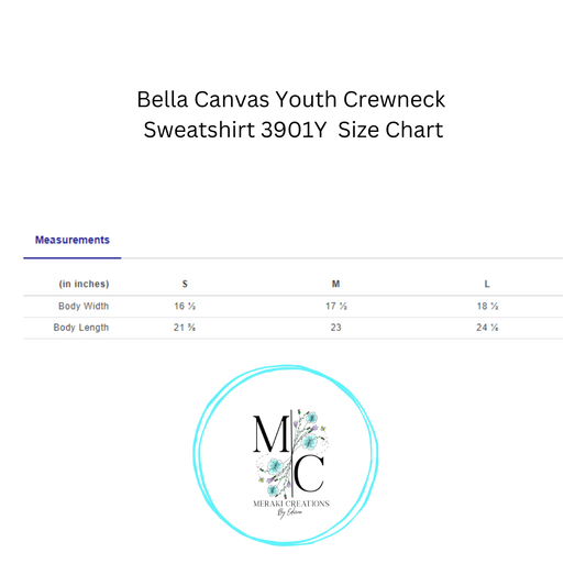 Bella Canvas Youth Crewneck Size Chart