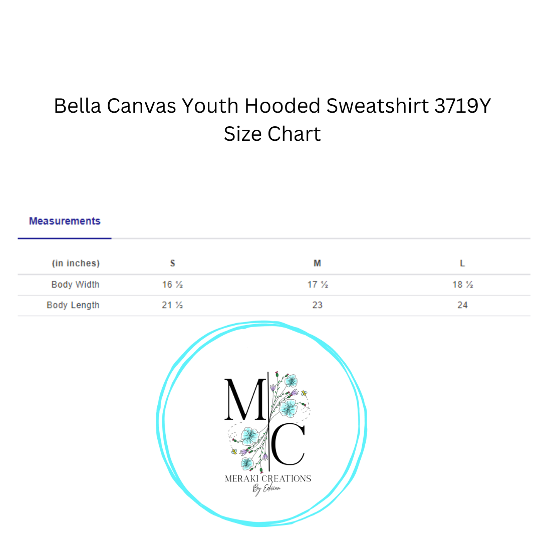 Bella Canvas Youth Hoodie Size Chart