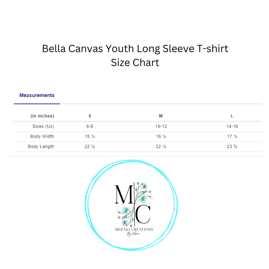 Bella Canvas Youth Long Sleeve T-shirt Size Chart