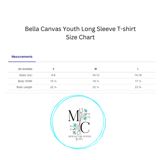 Bella Canvas Youth Long Sleeve T-shirt Size Chart