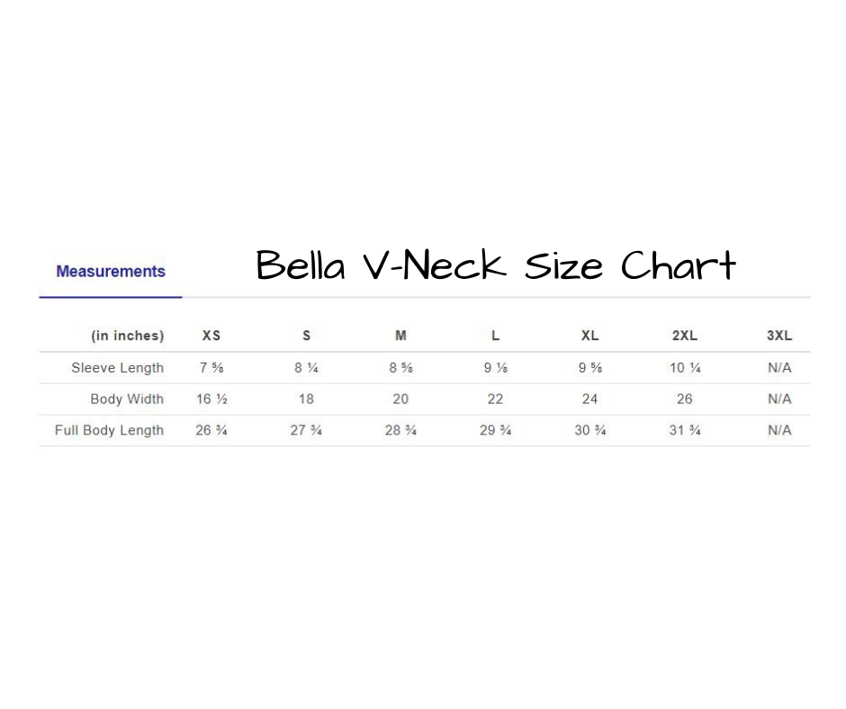 Bella Canvas Short Sleeve V-Neck Size Chart