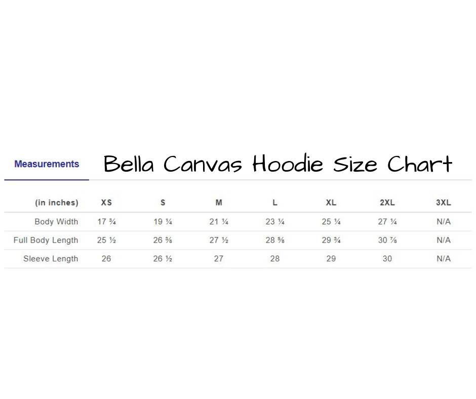 Bella Canvas Hooded Sweatshirt Size Chart