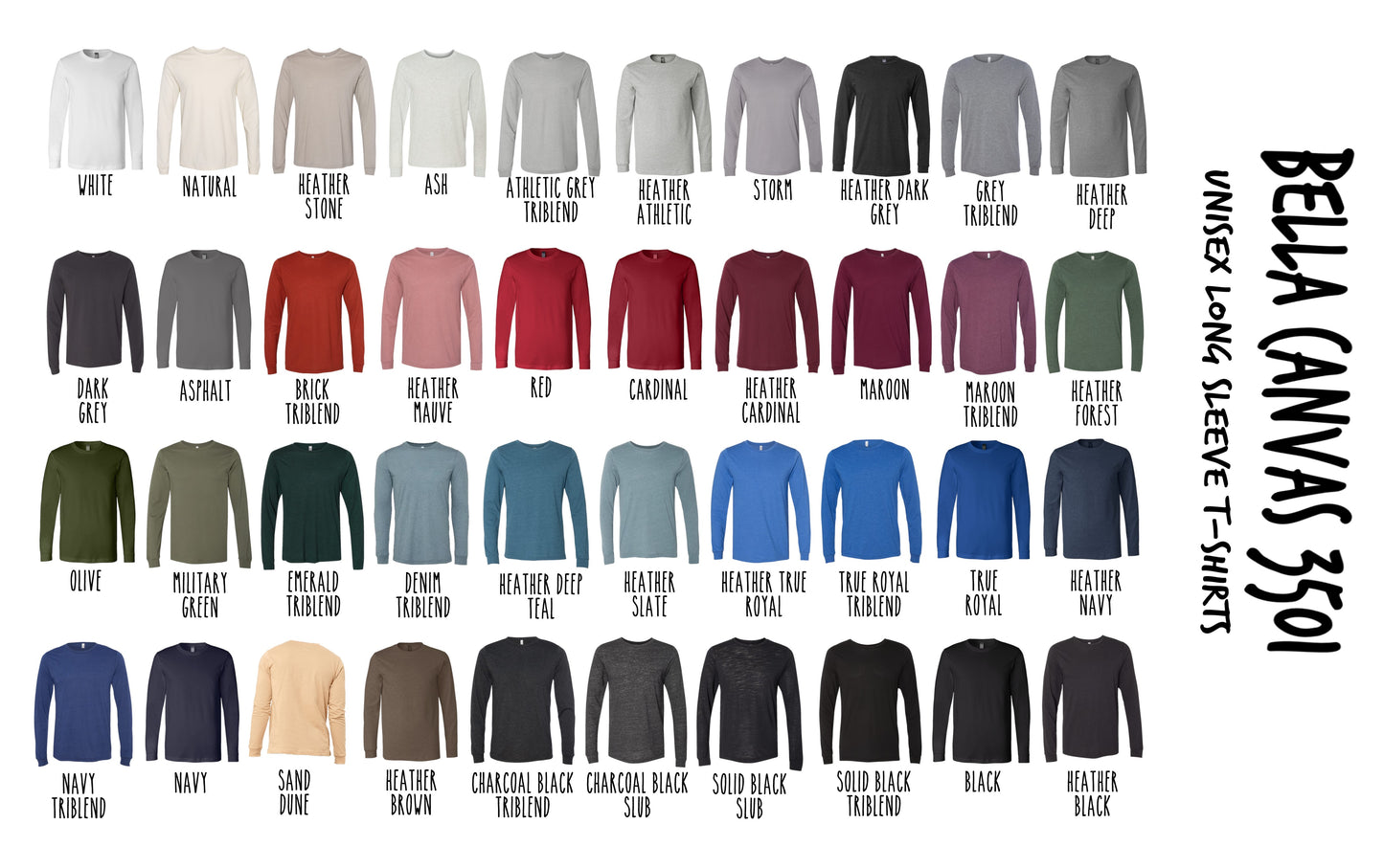 Bella Canvas 3501 Long Sleeve T-Shirt Color Chart